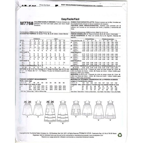 McCall's M7768 Girls 3T to 6 Easy Dresses Uncut Sewing Pattern New - Picture 2 of 2